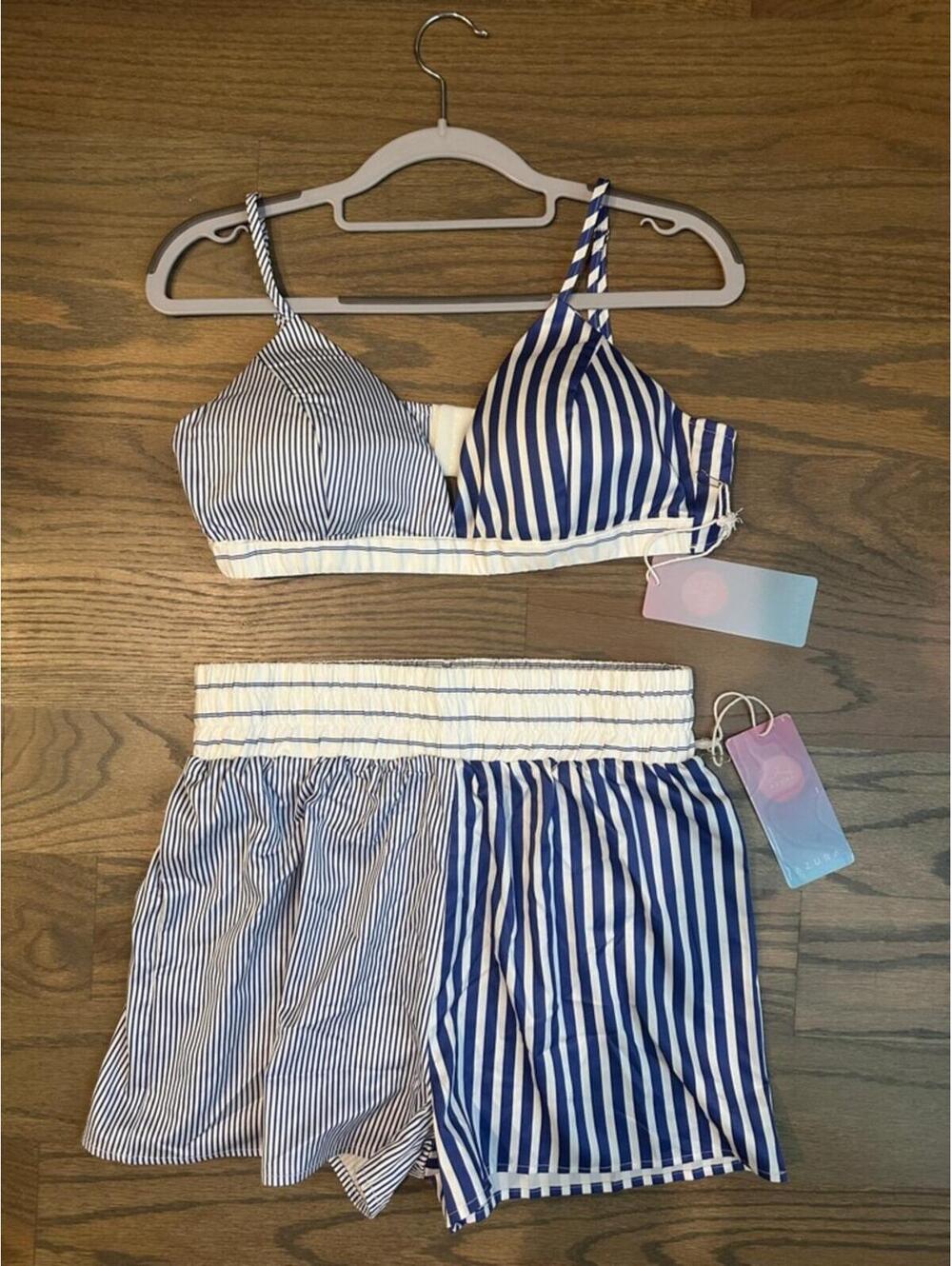Azura Striped Blue & White Bralette + Shorts Poolside Set